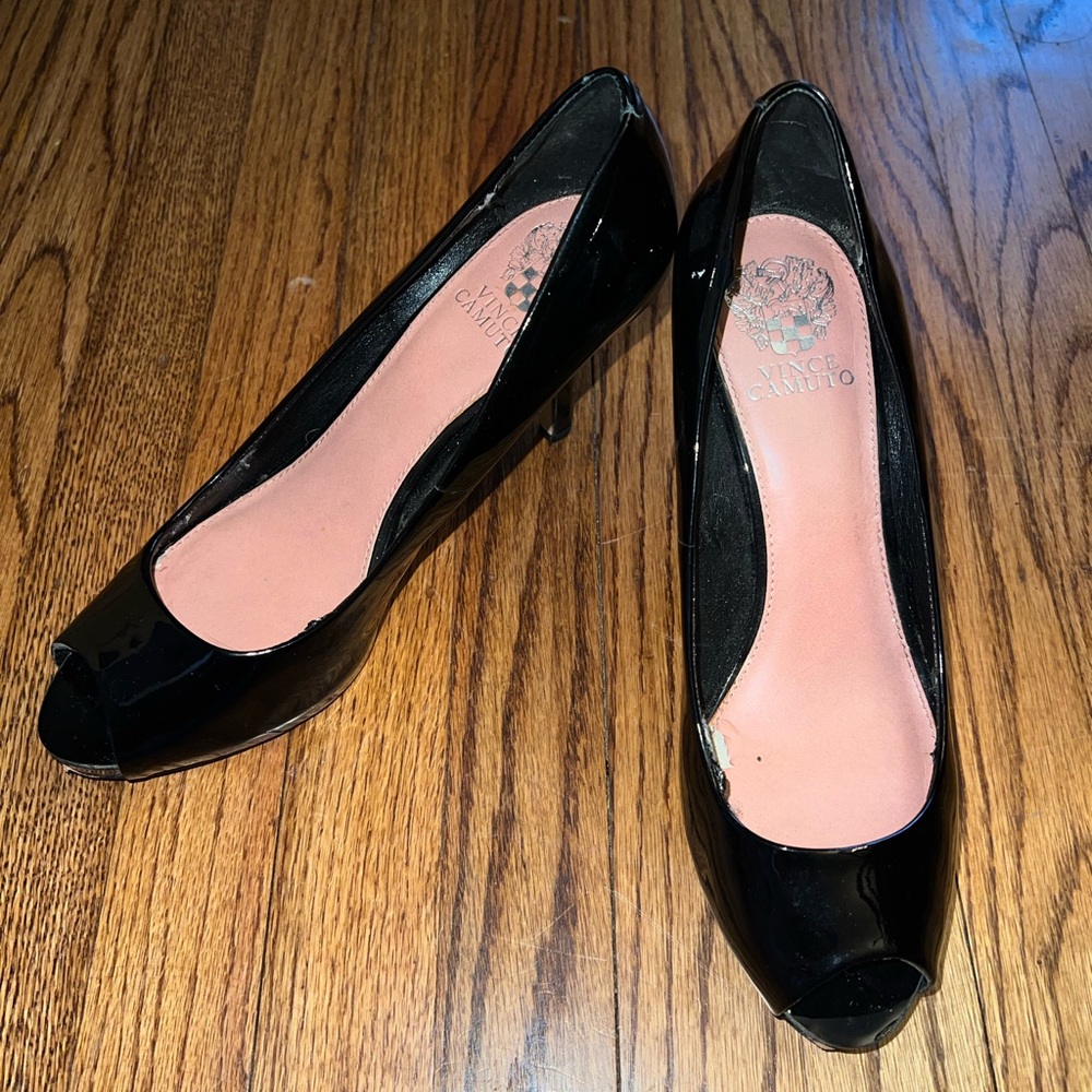 Vince Camuto Black Patent Peep Toe Heels, Size 9